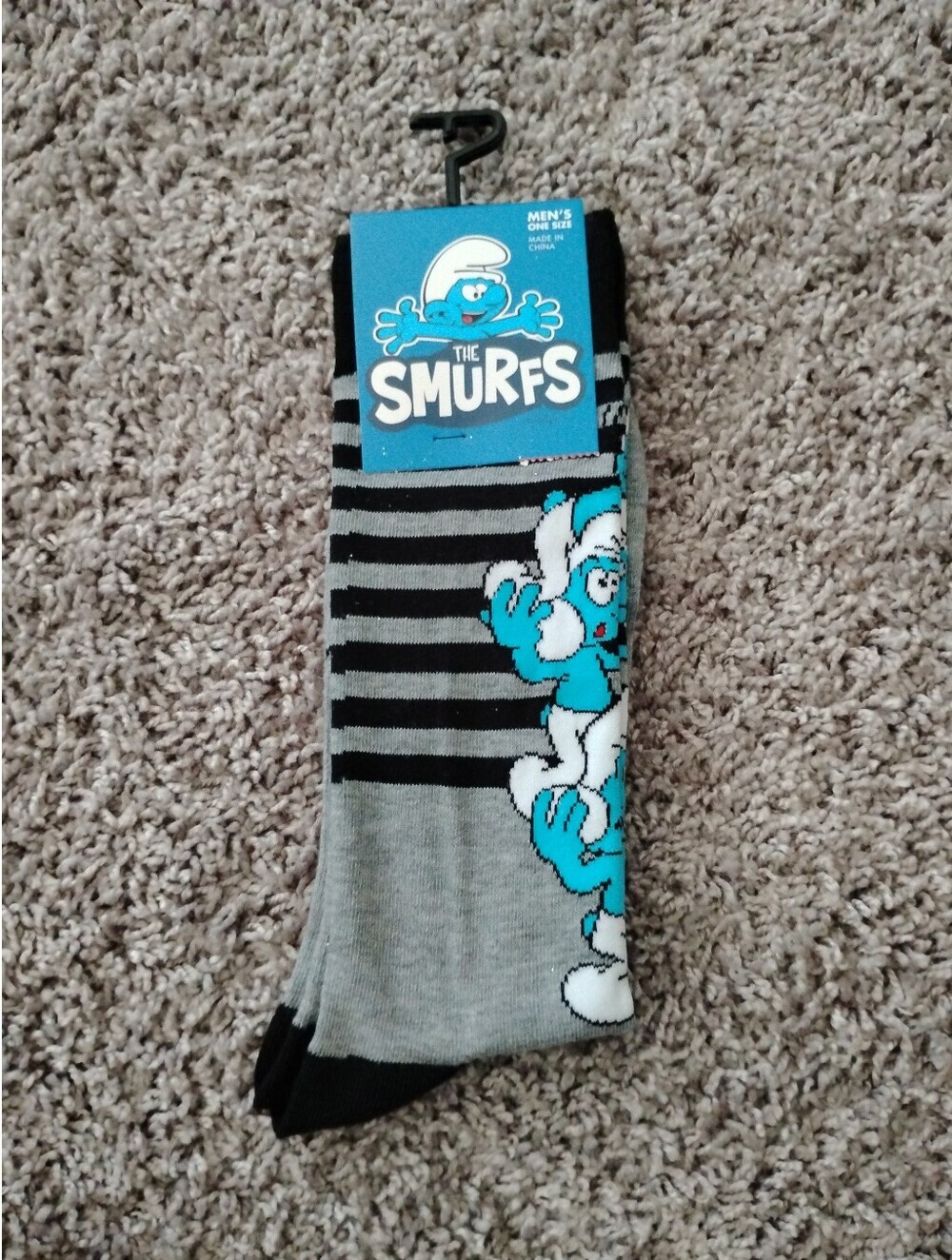 NWT The Smurfs Men's Crew Socks Gray Black Striped Novelty Size 7-12 Official